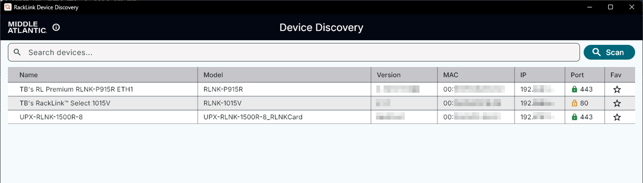 The Main Screen of the RackLink Discovery Tool showing devices on the subnet to which you are connected. The Main Screen of the RackLink Discovery Tool showing devices on the subnet to which you are connected.